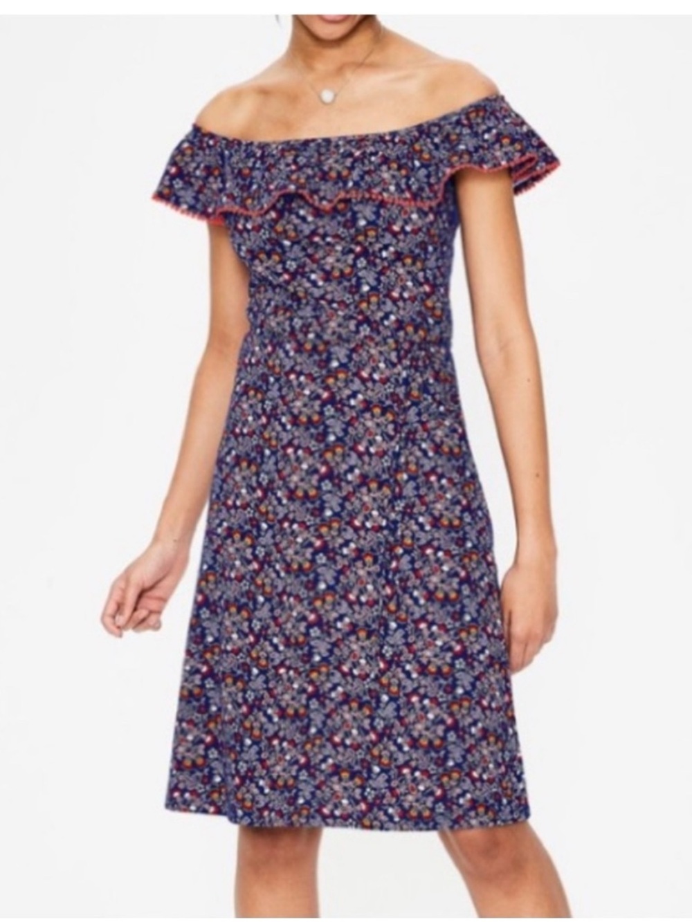 Boden Bethany Bardot Off Shoulder Floral Ruffle Dress Navy Size 6